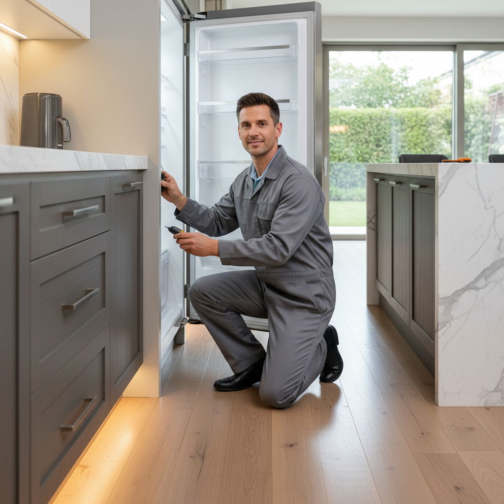 Professional appliance repair technician inspecting a built-in refrigerator