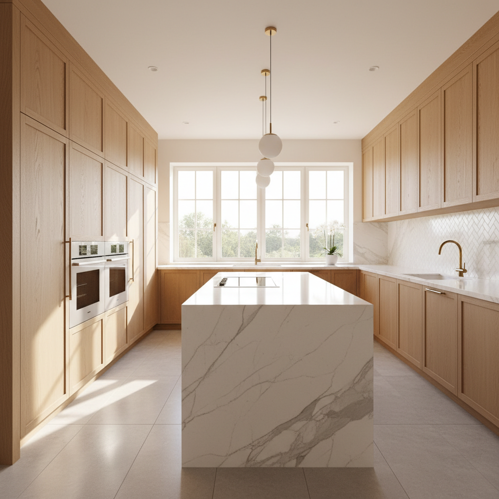 Bright upscale kitchen with integrated refrigerator and wall oven